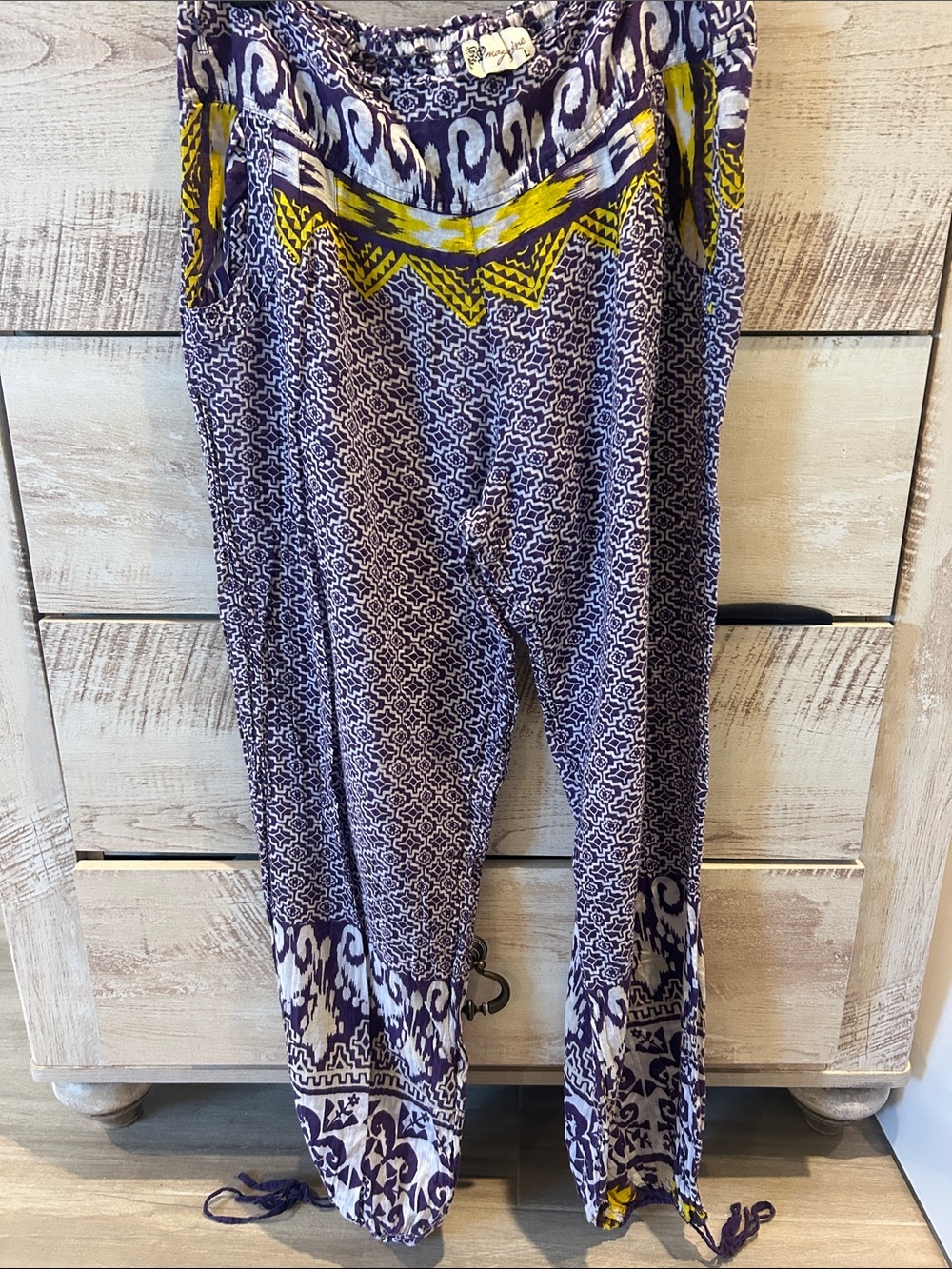 Boho Print Drawstring Women's Pants in Purple and Yellow